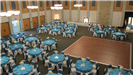 Turquoise and white wedding reception aerial view of tables around the dance floor